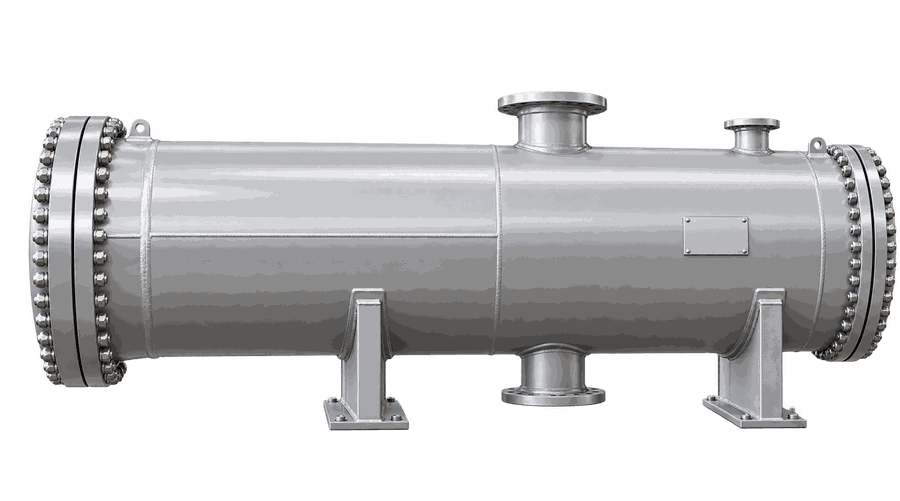 Custom shell and tube exchanger with flanged shell, side view
