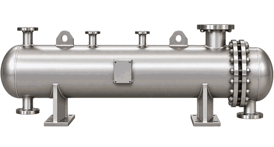 Custom stainless exchanger with bolted flanged head, side view