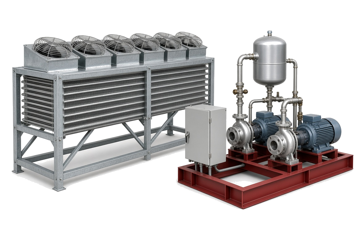 Engineered dry fluid cooler with dual-pump station skid