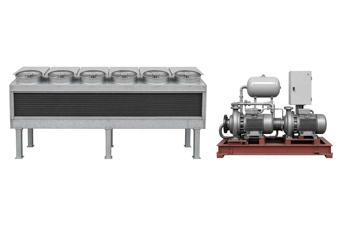Dry fluid cooler and pump station, side view